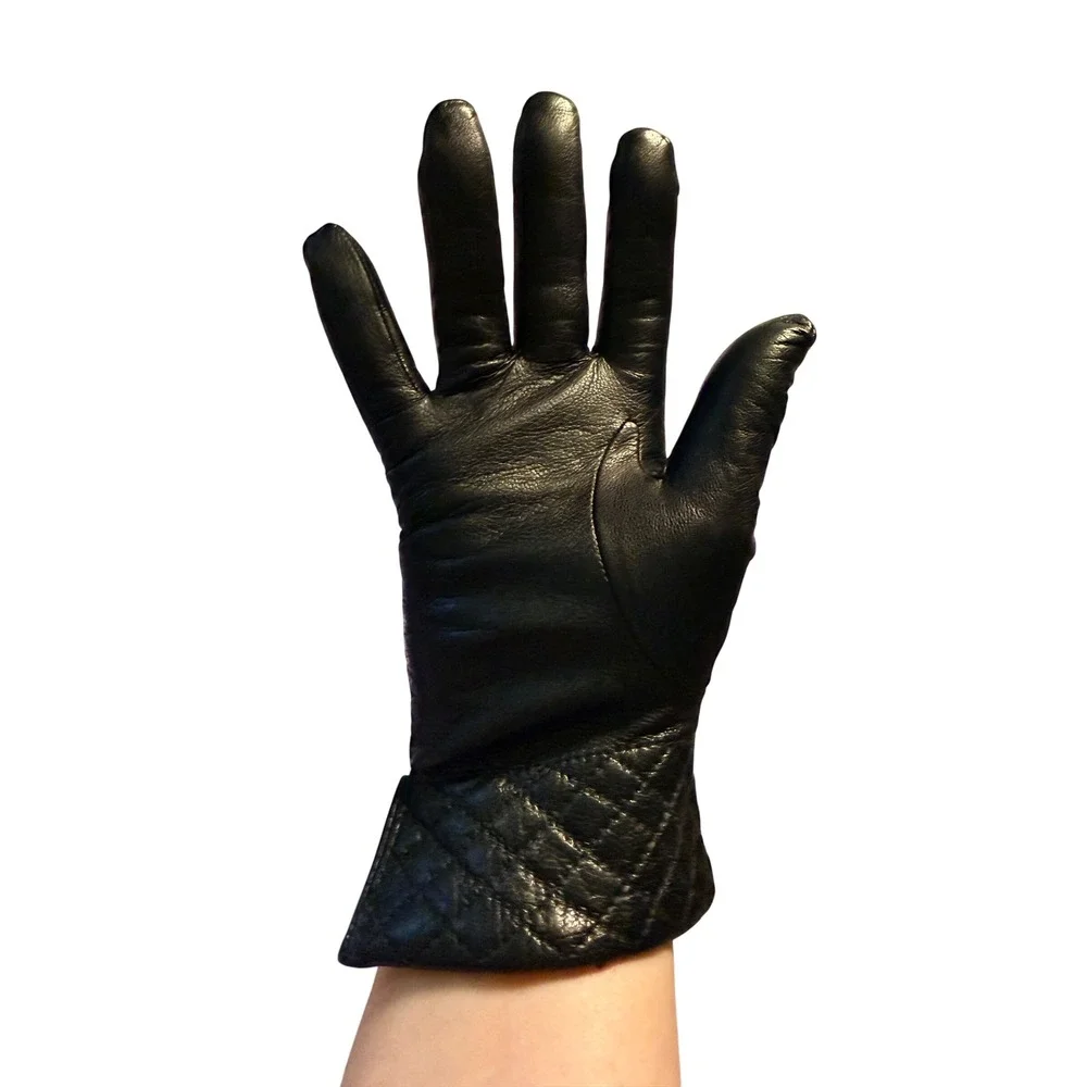 Fownes Womens Black Genuine Leather Quilted Cuff Insulated thinsulate Gloves M